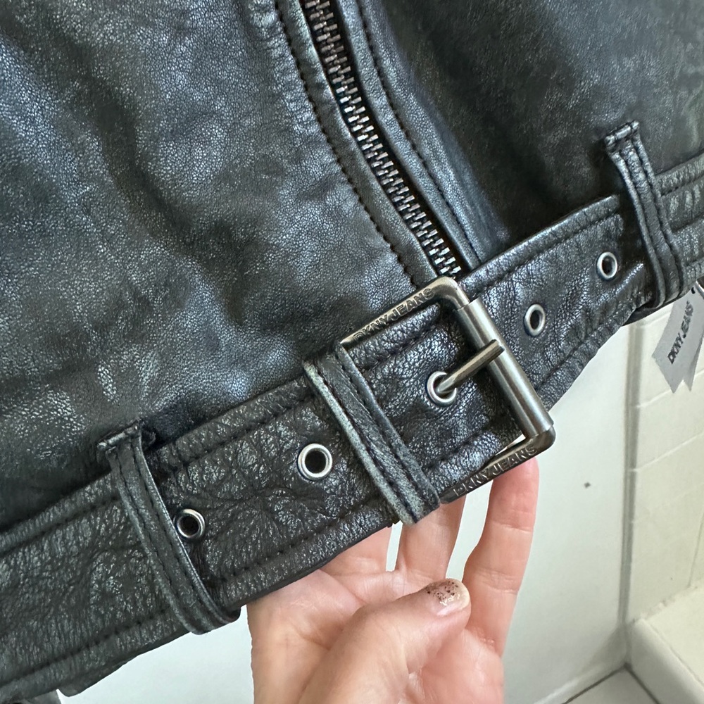 DKNY Jeans Charcoal Leather Moto Jacket - Picture 10 of 16